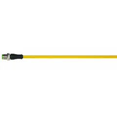 Single-ended cordset with a yellow TPE jacket for heavy-duty industrial applications. Features an M12 male straight connector on one end and bare wire on the other, with 4 pins, 3 m cable length, and 4 A maximum current. Wire sizes are 18 AWG/19 AWG. IP67 rated for protection against dust and water ingress.