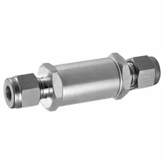 This inline strainer features a 316 stainless steel sintered screen and stainless steel body and seal. It measures 3/4 in in height and 2 15/16 in in length. Used to filter particulates from fluid or gas lines, protecting downstream equipment such as valves and pumps.