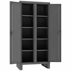 This shelf-style shift cabinet from DURHAM MFG is supplied fully assembled with a gray finish. It features 8 adjustable shelves and 2 doors, supported by legs. Suitable for organizing tools, parts, and supplies in industrial facilities, warehouses, and workshops.