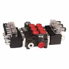 This solenoid-operated directional control valve features three positions and a four-way, outlet configuration. It operates on 12 V and is designed for hydraulic manifold mounting. Typical applications include directing fluid flow in mobile equipment such as loaders, lifts, and agricultural machinery.