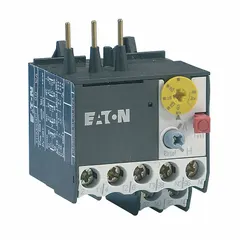 IEC thermal overload relay with integrated bimetallic elements, eliminating the need for separate thermal units. Features 1 normally open and 1 normally closed auxiliary contacts, phase loss sensitivity, and 3 poles. Designed for motor protection in industrial control applications, compatible with EATON XT Mini Contactors of Frame Size A.
