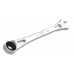 This SAE 6-point ratcheting combination wrench features a 1/2 in head size and an overall length of 7 7/8 in. The chrome-finished alloy steel construction resists corrosion. The ratcheting box end allows faster fastener turning in confined spaces, while the open end provides standard turning capability for general maintenance and assembly tasks.