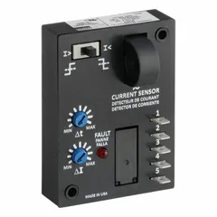 This surface-mounted relay monitors undercurrent conditions with an adjustable trip point from 2 to 20 A, set via a switch. It features quick-connect tab terminals and an LED status indicator. Typical applications include detecting loss of load, belt breakage, or pump failure in industrial equipment such as conveyors, fans, and pumps.