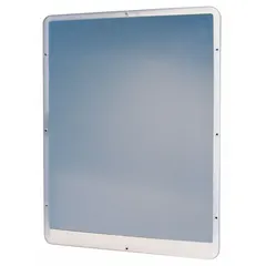 Rectangular acrylic mirror with unfinished white frame and round edge. Measures 24 in height, 18 in width, 1/4 in depth. Not lighted. Suitable for commercial restrooms, correctional facilities, or behavioral health settings requiring break-resistant surfaces.