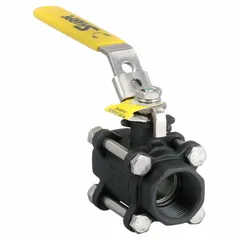 This SHARPE manual two-way ball valve is constructed from carbon steel with a straight, full-port design. It features FNPT x FNPT connections, a polymer seat material, and a locking lever handle for secure on/off flow control in industrial piping systems.