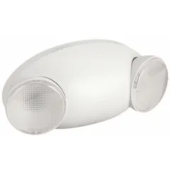 This surface-mount wall emergency light features LED technology with adjustable lamp heads and a white plastic housing. It operates on 120/277V AC input, with 0.54 W lamp wattage and 1.08 W emergency wattage. Damp location rated and UL 924 compliant, it includes an LED charge indicator for status monitoring.