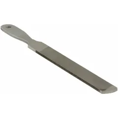 Rectangular file with bastard cut and single edge cut, measuring 8 inches in length without tang, 1 inch in width, and 15/64 inches in thickness. Natural finish. Used for sharpening and shaping cutting tools such as axe blades and saw teeth, as well as general metalworking applications requiring aggressive material removal on one side and finer finishing on the other.