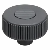 Knurled knob with threaded hole, 50 mm diameter, gray plastic body with stainless steel thread. Thread size 3/8"-16, thread length 14 mm. Used for manual adjustment and clamping on industrial machinery, jigs, and fixtures