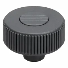 Knurled knob with threaded hole, 50 mm diameter, gray plastic body with stainless steel thread. Thread size 3/8"-16, thread length 14 mm. Used for manual adjustment and clamping on industrial machinery, jigs, and fixtures.