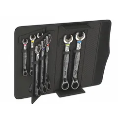 This 11-piece wrench set includes metric 12-point ratcheting combination wrenches with head sizes from 8 mm to 19 mm. The tools are made of alloy steel with a nickel chrome finish and come with a storage pouch. Designed for ratcheting operation (non-reversible), they are suited for tightening and loosening fasteners in confined spaces.
