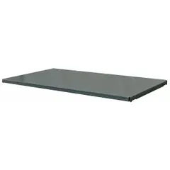 Solid steel shelf for standard metal shelving units. Constructed from 14-gauge steel with a gray powder-coated finish. Overall width 48 inches, overall depth 18 inches. Suitable for industrial storage of heavy parts, tools, or materials in warehouses, factories, and maintenance facilities.