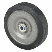 This rubber tread on steel core wheel has a 9 13/16 in diameter and 2 1/2 in width. The black rubber tread provides floor protection and shock absorption, while the steel core supports a load rating of 1,870 lb. Suitable for heavy-duty industrial carts, dollies, and material handling equipment in warehouses and factories