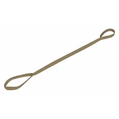 This leg lifter is a dressing aid made of brown nylon with an overall length of 32 inches and overall height of 6 1/2 inches. It assists individuals with limited mobility in lifting and repositioning their legs during dressing, bathing, or bed transfers. Contains latex.