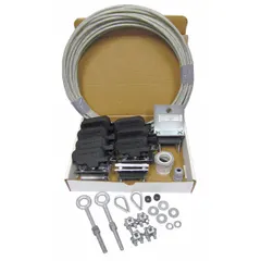 This wire rope festoon kit is designed for use with round cables and hoses in overhead material handling applications. It includes trolleys and supports working lengths from 25 ft to 40 ft, requiring a minimum cable or hose length of 50 ft. The kit operates on a wire rope track, providing organized cable management for moving equipment.