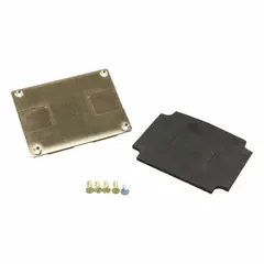 Rectangular brass floor box cover with brushed gold finish. Measures 3-1/4 in length, 4-1/4 in width, 1/2 in height. Used to cover and access electrical or low-voltage connections in floor boxes within commercial or institutional settings.