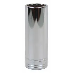 This 1/2" drive hand socket features a 22 mm metric size with a 12-point deep design. The chrome finish provides corrosion resistance. Suitable for tightening or loosening fasteners in automotive, machinery, and industrial applications where extended reach is required.