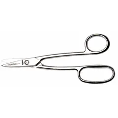 All-metal scissors with straight, fine-tooth steel blades and a silver finish. Overall length of 7 1/4 inches. Suitable for cutting sheet metal and other tough materials in electrical, construction, and maintenance tasks.