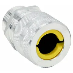 Straight metallic cable grip with 1/2 in MNPT box connection, accommodating cord diameters from 0.63 in to 0.75 in. Aluminum body with silver finish and yellow color-coded grommet. Rated IP66 and Class II, Division 1 & 2 for hazardous locations. Overall length 2 1/16 in.