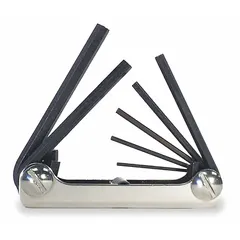 This folding hex key set contains one piece with seven tips, offering metric sizes in a short, standard-end configuration. The black oxide finish provides corrosion resistance. Suitable for tightening or loosening hex socket screws in mechanical assembly, maintenance, and repair tasks where a compact, portable tool is needed.