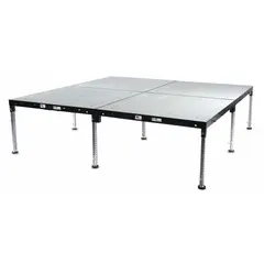 This adjustable-height stage package includes six modular wood decks with a steel frame, forming a 12 ft long by 8 ft wide platform. Suitable for temporary staging in event, performance, and presentation settings.