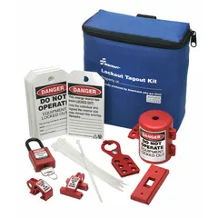 Portable lockout tagout electrical kit in a nylon carrying bag with heavy-duty zipper and oversize pull. Includes two circuit breaker lockout devices and a wall switch lockout type. Keyed different padlocks. Bag dimensions: 4 in D x 8 in W x 8 in H. Used to isolate electrical energy during maintenance or repair.