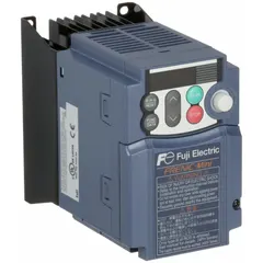 This FUJI ELECTRIC FRENIC Mini C2 variable frequency drive features single-phase input and three-phase output at 200-240V AC, rated for 1 hp. It has a heat sink style in black/blue/gray and no bypass. Used for speed control of three-phase motors in applications such as conveyors, pumps, and fans.
