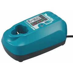 Single-port charger for 7.2V DC and 12V DC batteries. Operates on 120V AC input and charges a 1.3 Ah battery in one hour. Suitable for recharging batteries used in power tools and other cordless equipment.