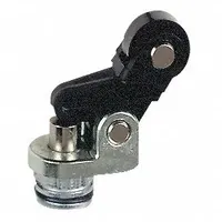 This roller plunger head features a fixed metallic lever arm with top actuator location and momentary action. It is designed for use with TELEMECANIQUE SENSORS XCMD series limit switches. Typical applications include position sensing in industrial automation, such as conveyor systems, packaging machinery, and material handling equipment