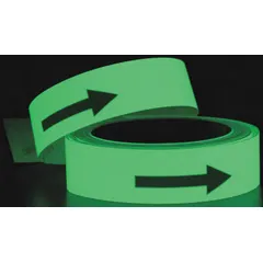 Green glow-in-the-dark vinyl floor marking tape with arrow pattern, 1 1/4 in wide by 50 ft long, 19 mil thickness. No message legend. Used to mark pathways, exits, or hazards in low-light industrial environments; absorbs ambient light and remains visible during power outages.