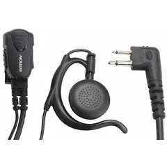 Earpiece with ear hook and shirt/lapel microphone for RITRON NT Series two-way radios. Single-wire design with 2-pin connector and Push To Talk button. Black finish. Enables hands-free communication in security, maintenance, and field operations.