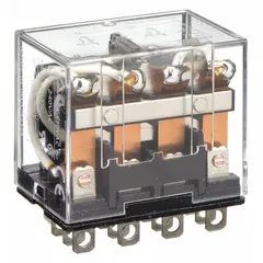 Socket-mounted plug-in relay with square base and flat pins. Features 4PDT contact configuration, 10 A current rating at 24V AC, and 5 A operating current at 24V DC for inductive loads. Quick-connect terminals with 14 pins. Suitable for switching industrial loads in control panels, automation systems, and machinery.