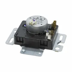 OEM replacement dryer timer for controlling drying cycles. Manages heating, tumbling, and shut-off sequences. Suitable for use in compatible dryers as a direct replacement part.