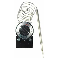 Electric thermostat with a 100 to 550 dial, 36-inch capillary, and 120V AC input voltage. Designed for temperature control in commercial cooking equipment such as ovens, fryers, and griddles.