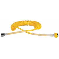 This single-coil air hose has a 1/4 in diameter and is yellow in color. It features brass fittings with a female outlet connection and is designed for use with a blender in compressed air applications. The coiled construction resists kinking and allows flexible routing
