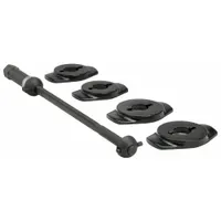 This front coil spring compressor is designed for compressing front coil springs on rear-wheel-drive vehicles. Made of carbon steel, it operates with a ratchet or breaker bar and includes two 4-inch inner diameter plates. Tool dimensions are 6 in × 19-13/64 in × 3-45/64 in