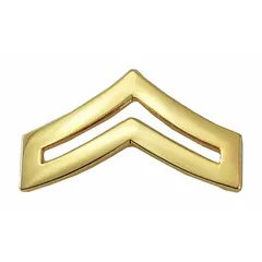 This metallic rank insignia features a gold chevron design on a 1-inch metal base. It is secured with a clutch pin for attachment to uniform collars or lapels. Sold as a pair.