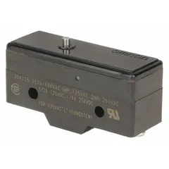 Snap-action switch with pin plunger actuator from the OMRON A Series. Features 1NO/1NC contact configuration and screw-type electrical connection. Rated for 20 A at 480 V AC. Commonly used for position sensing and limit control in industrial machinery, packaging equipment, and conveyor systems.