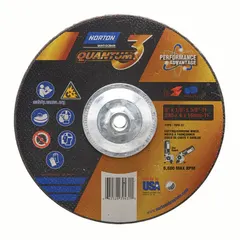 This NORTON Quantum 3 SG depressed center wheel (Type 27) is a cool-cutting combination wheel for carbon and stainless steel. It features ceramic grain with 24 grit, measuring 9" x 1/8" with a 5/8"-11 arbor. Suitable for grinding, weld preparation, and surface blending in metal fabrication.