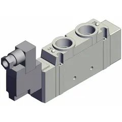 Single solenoid, five-way/two-position pneumatic valve with 5 ports and 3/8 in connections. Operates at 24V DC with internal pilot and non-locking monostable operation. Suitable for directing compressed air in automated industrial systems such as pneumatic actuation, packaging lines, and assembly equipment.
