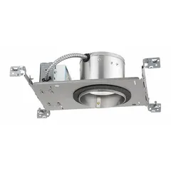 New construction recessed LED downlight housing for flat ceilings. Operates on 120 to 277V AC, delivers 600 lumens at 3500K with 90 CRI, consumes 8.9 watts, and is dimmable. Trim and reflector are ordered separately.