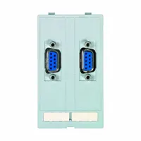 Panel interface insert with data port configuration of two SUB-D9 connectors (one female, one male). Designed for routing serial communication signals through a single panel cutout in control cabinets, automation panels, and machinery. Insert dimensions: 51 mm x 88 mm