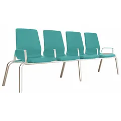 Floor-mounted beam seating for four people with polyethylene seat material and integrated arms. Meets ISO standards and CAL 133 flammability requirements. Suitable for waiting areas, break rooms, and assembly lines.
