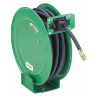 Spring Return Hose Reel: 50 ft (3/8 in I.D.), 3/8 in MNPT, 300 psi Max Op Pressure, Brass, Green