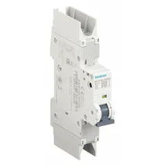 Siemens 5SJ4 series miniature circuit breaker, 1-pole, C-curve, rated 6A. UL489 listed for DIN rail mounting. Interrupting rating 10kA at 277V AC. Voltage ratings: 277V AC and 60V DC. Screw clamp terminal connection. Used for overcurrent protection in branch circuits, lighting circuits, and control panels.