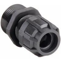 Straight nylon cable grip with 1 in MNPT box connection, accepting cord diameters from 0.31 in to 0.56 in. Black nylon body rated IP65 for protection against dust and water jets. Overall length 2 3/8 in. Suitable for securing and sealing cables entering electrical enclosures or junction boxes