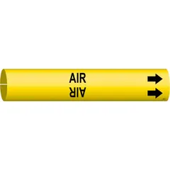 Yellow snap-on pipe marker with black legend 'Air' and directional arrows. Fits pipe outer diameters of 4 to 6 inches. Used to identify air piping systems in industrial facilities.