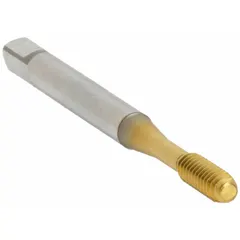 Thread-forming tap for creating internal threads in ductile materials such as aluminum, brass, and low-carbon steel. Features a bottoming chamfer for blind-hole threading, TiN coating for reduced friction, and 2B class of fit. Suitable for general manufacturing applications requiring chip-free threading.