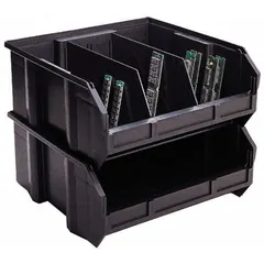 Electrostatic discharge conductive bin divider for organizing small parts in hanging or stacking bins. Measures 4 3/4 in x 2 7/8 in. Compatible with QUS210 bins. Used in electronics assembly and cleanroom environments to protect static-sensitive components.