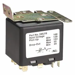 This fixed-potential relay is designed for motor-start circuits, disconnecting the start winding when the motor reaches a preset speed. It features a coil voltage of 168V AC, SPST contact form, and a maximum drop-out voltage of 55V AC. Suitable for any mounting position, it is commonly used in HVAC and refrigeration compressor applications.
