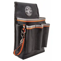 Nylon tool pouch with six open-top pockets for screwdrivers. Attaches to belts up to 2 inches wide via a belt slot. Black and gray color. Suitable for carrying screwdrivers on a job site for hands-free access.